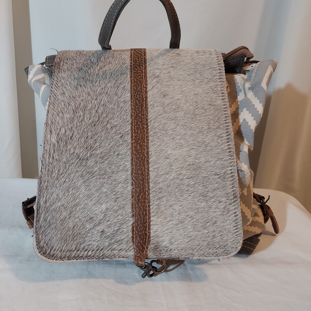Myra Bag Gray and Brown Patterned Backpack With Faux Fur